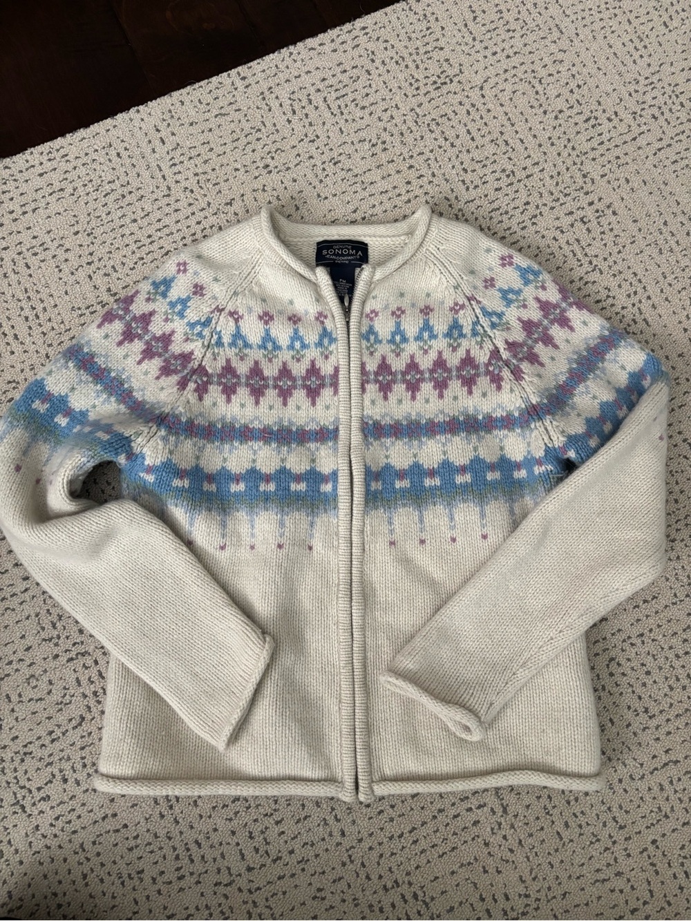 Sonoma Cream Zip-Front Fair Isle Sweater with Blue & Lavender Accents